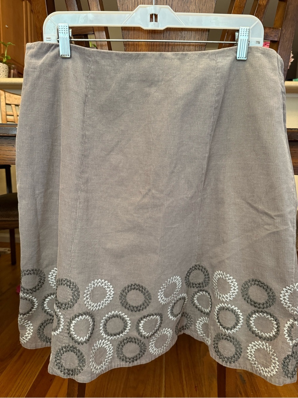 Boden Taupe A-Line Skirt with Embroidered Circle Hem
